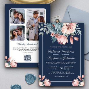 Convites Casamento Floral Azul e Rosa com Código QR Navy