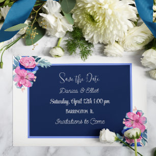 Convites Casamento Floral Azul e Rosa Salvar as Datas