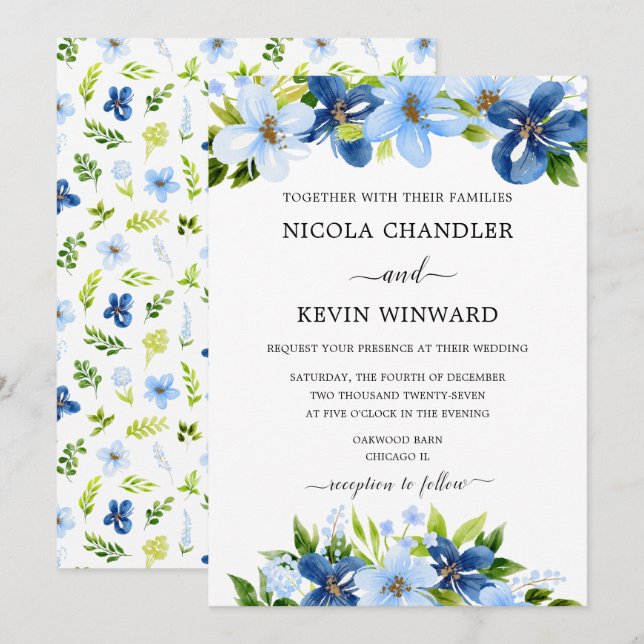 Convites Casamento Floral Azul Elegante (Frente/Verso)
