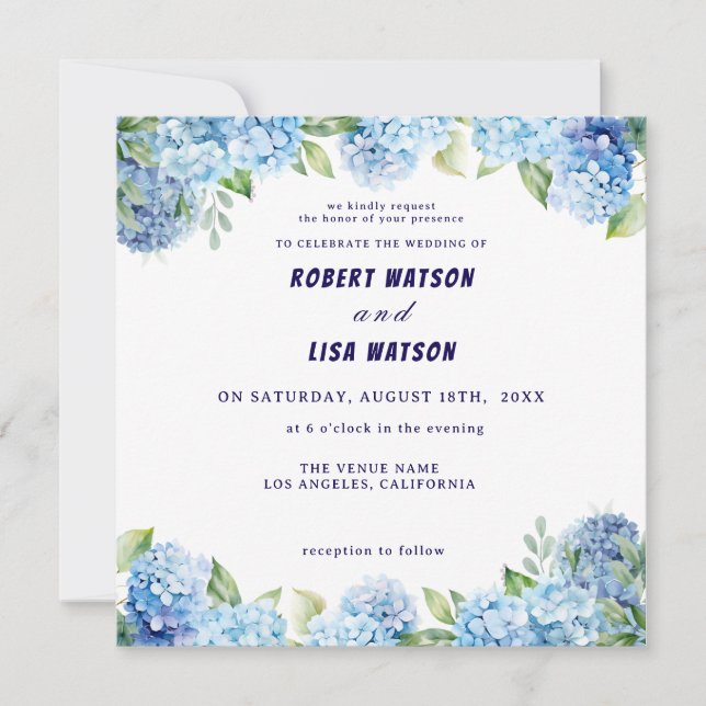 Convites Casamento Floral Azul Elegante  (Frente)