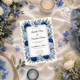 Convites Casamento Floral Azul Elegante