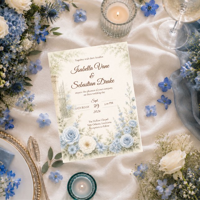 Convites Casamento Floral Azul Elegante (Criador carregado)