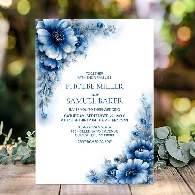 Convites Casamento Floral Azul Elegante (Criador carregado)