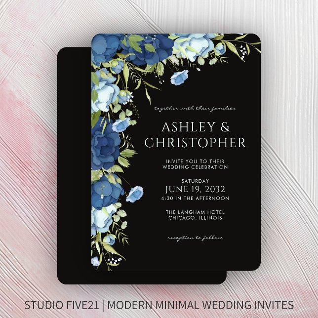 Convites Casamento Floral Azul Elegante (Criador carregado)