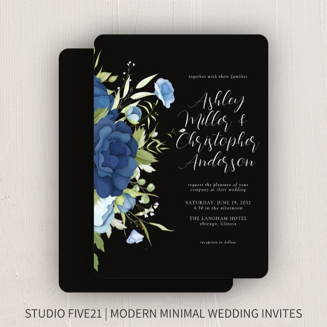 Convites Casamento Floral Azul Elegante (Criador carregado)