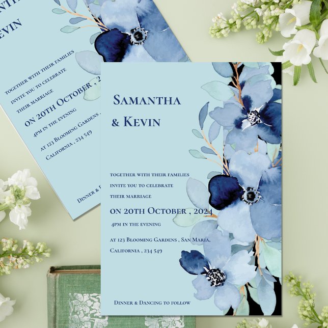 Convites Casamento Floral Azul Elegante (Elegant Watercolor Moody Blue Floral Wedding Invitation)