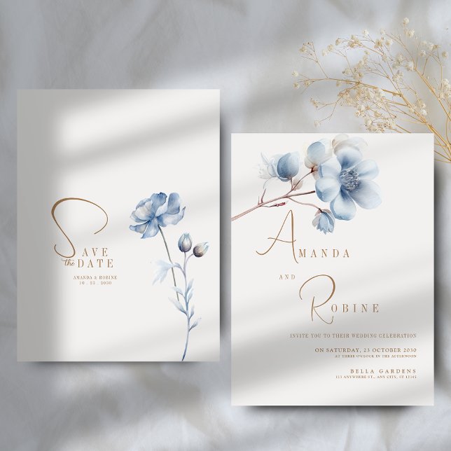 Convites Casamento Floral Azul Elegante (Criador carregado)