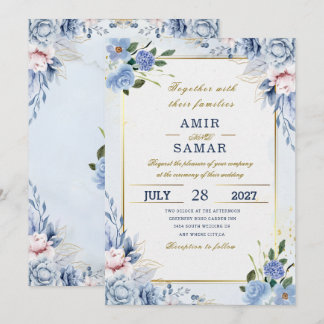 Convites casamento floral azul elegante