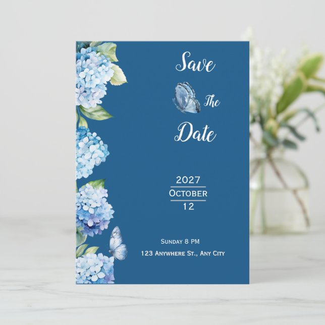 Convites Casamento Floral Azul Elegante (Em pé/Frente)