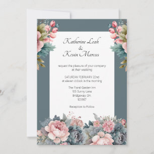 Convites Casamento Floral Azul Elegante