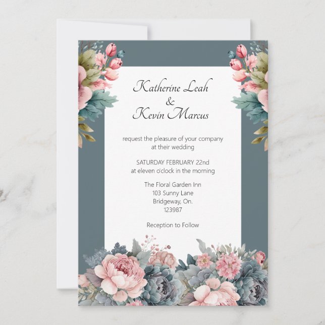 Convites Casamento Floral Azul Elegante (Frente)