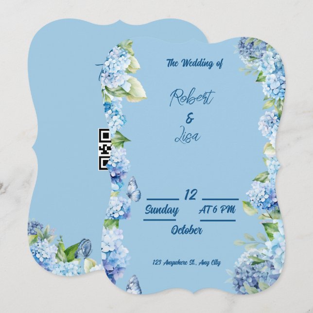 Convites Casamento Floral Azul Elegante (Frente/Verso)
