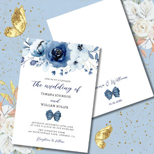 Convites Casamento Floral Azul Elegante de Inverno Dusty