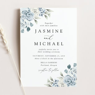 Convites Casamento Floral Azul Elegante Dusty