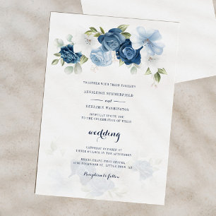 Convites Casamento Floral Azul Elegante Dusty