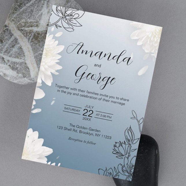 Convites Casamento Floral Azul Elegante Dusty (Elevate your special day with this captivating floral dusty-blue wedding invitation.)