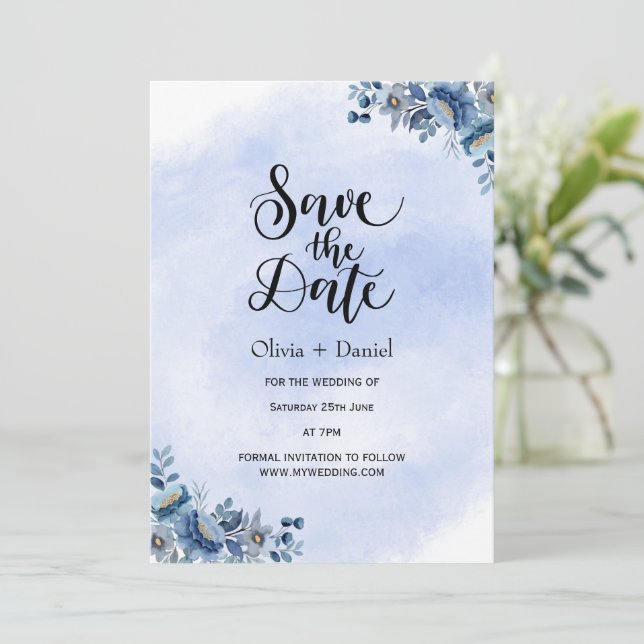 Convites Casamento Floral Azul Elegante Salvar a Data (Em pé/Frente)