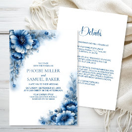 Convites Casamento Floral Azul Elegante Tudo em Um