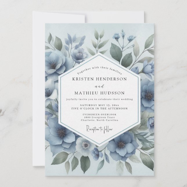 Convites Casamento Floral Azul em Flor (Frente)