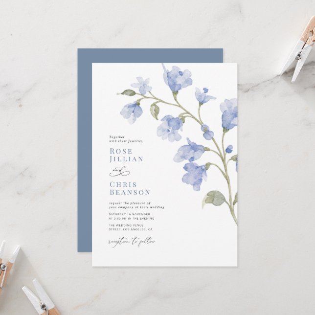 Convites Casamento Floral azul em pó moderno (Frente/Verso In Situ)