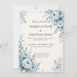 Convites Casamento Floral Azul Empoeirado