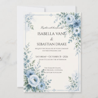 Convites Casamento Floral Azul Empoeirado
