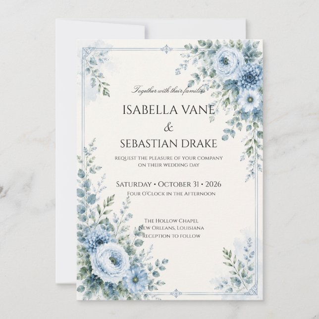 Convites Casamento Floral Azul Empoeirado (Frente)