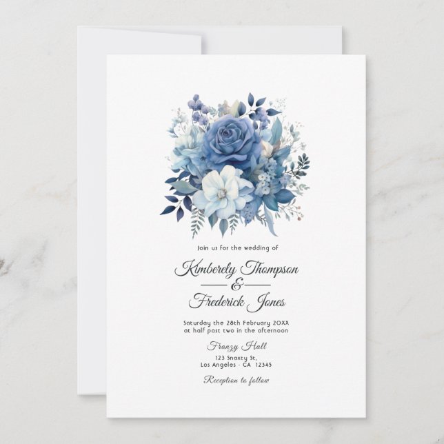 Convites Casamento Floral Azul Empoeirado (Frente)
