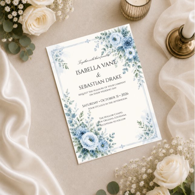 Convites Casamento Floral Azul Empoeirado (Criador carregado)