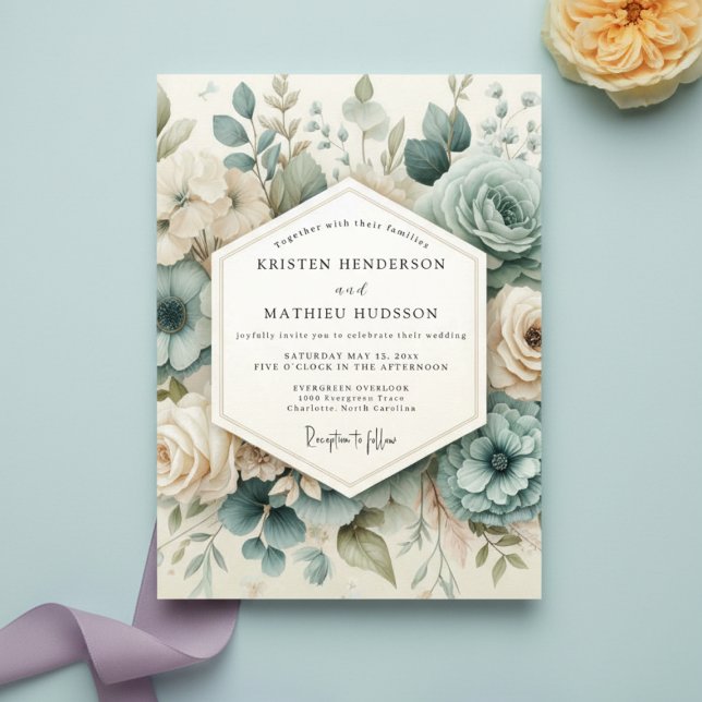Convites Casamento Floral Azul Empoeirado (Criador carregado)