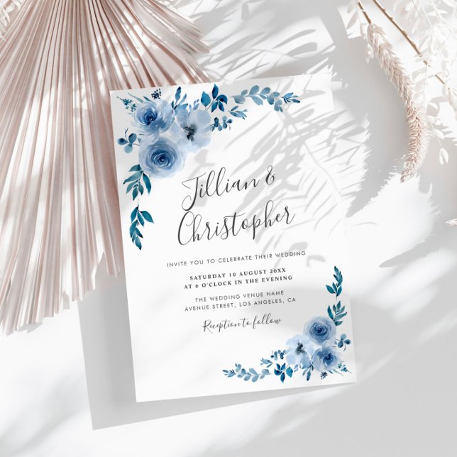 Convites casamento floral azul empoeirado (Criador carregado)
