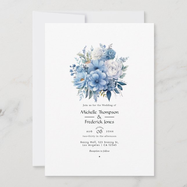Convites Casamento Floral Azul Empoeirado (Frente)