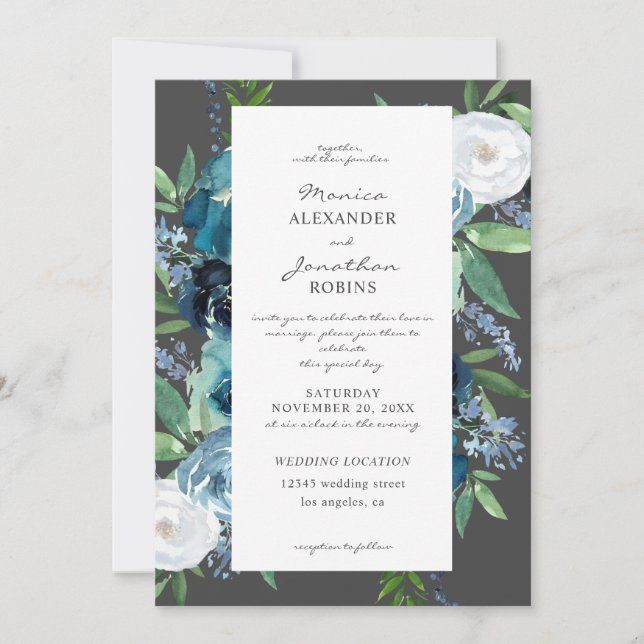 Convites Casamento Floral Azul Empoeirado 2 Cinza (Frente)