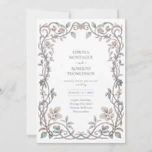 Convites Casamento Floral Azul Empoeirado Beijo Vitoriano P
