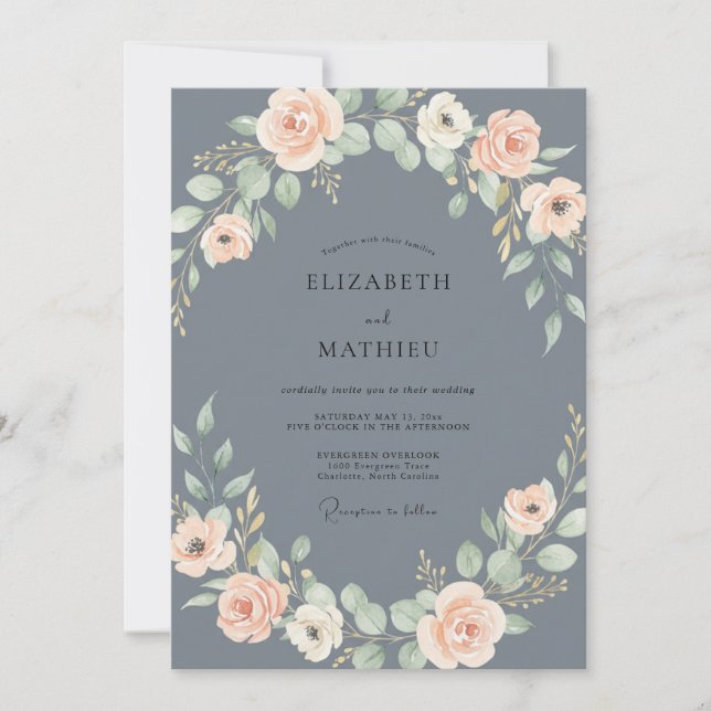 Convites Casamento Floral Azul Empoeirado Blush (Frente)