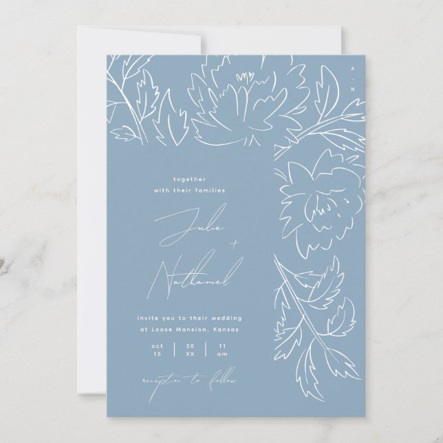 Convites Casamento Floral Azul Empoeirado Boho (Frente)