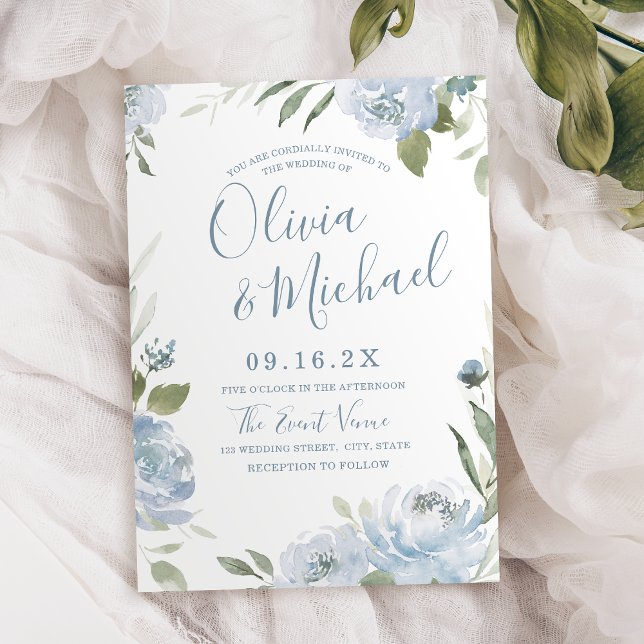 Convites Casamento floral azul empoeirado de jardim românti (Romantic garden dusty blue floral wedding invitation)