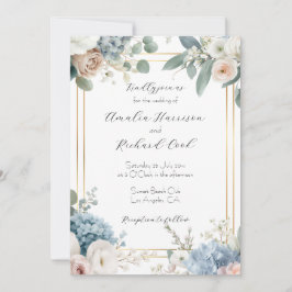 Convites Casamento Floral Azul Empoeirado Dourado Personali