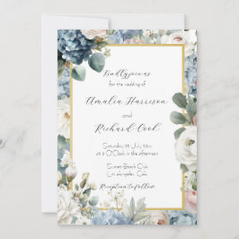 Convites Casamento Floral Azul Empoeirado Dourado Personali
