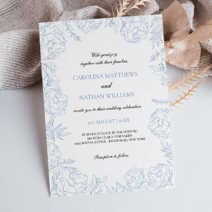 Convites Casamento Floral Azul Empoeirado Elegante