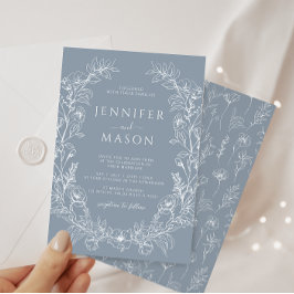 Convites Casamento floral azul-empoeirado herbáceo boêmio