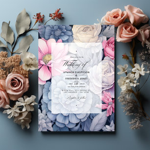 Convites Casamento Floral Azul Empoeirado, Rosa Bege e Prat