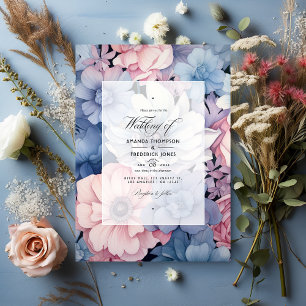 Convites Casamento Floral Azul Empoeirado, Rosa e Prata