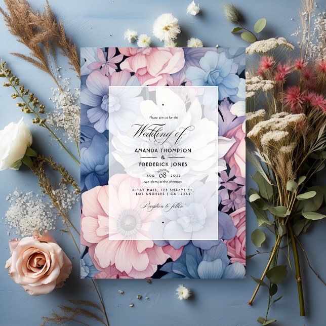 Convites Casamento Floral Azul Empoeirado, Rosa e Prata (Criador carregado)