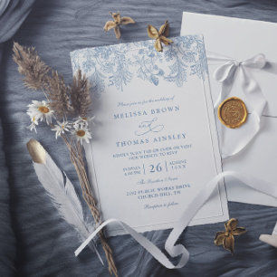 Convites Casamento Floral Azul Empoeirado Vintage Código QR