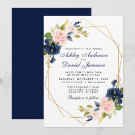 Convites Casamento Floral Azul Escamudo-Rosa Geométrico