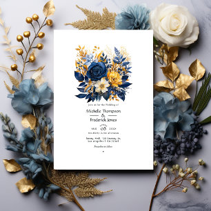 Convites Casamento Floral Azul Escuro e Dourado