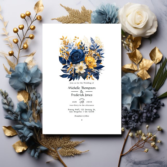 Convites Casamento Floral Azul Escuro e Dourado (Criador carregado)