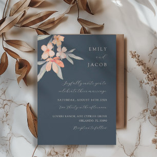 Convites Casamento Floral Azul Escuro e Laranja Pálido Eleg