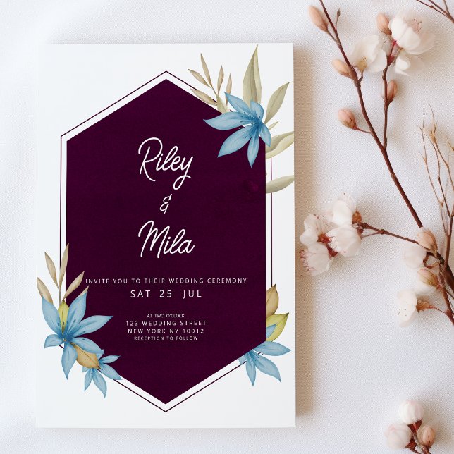 Convites Casamento floral azul-escuro geométrico (Geometric burgundy brown blue floral Wedding )